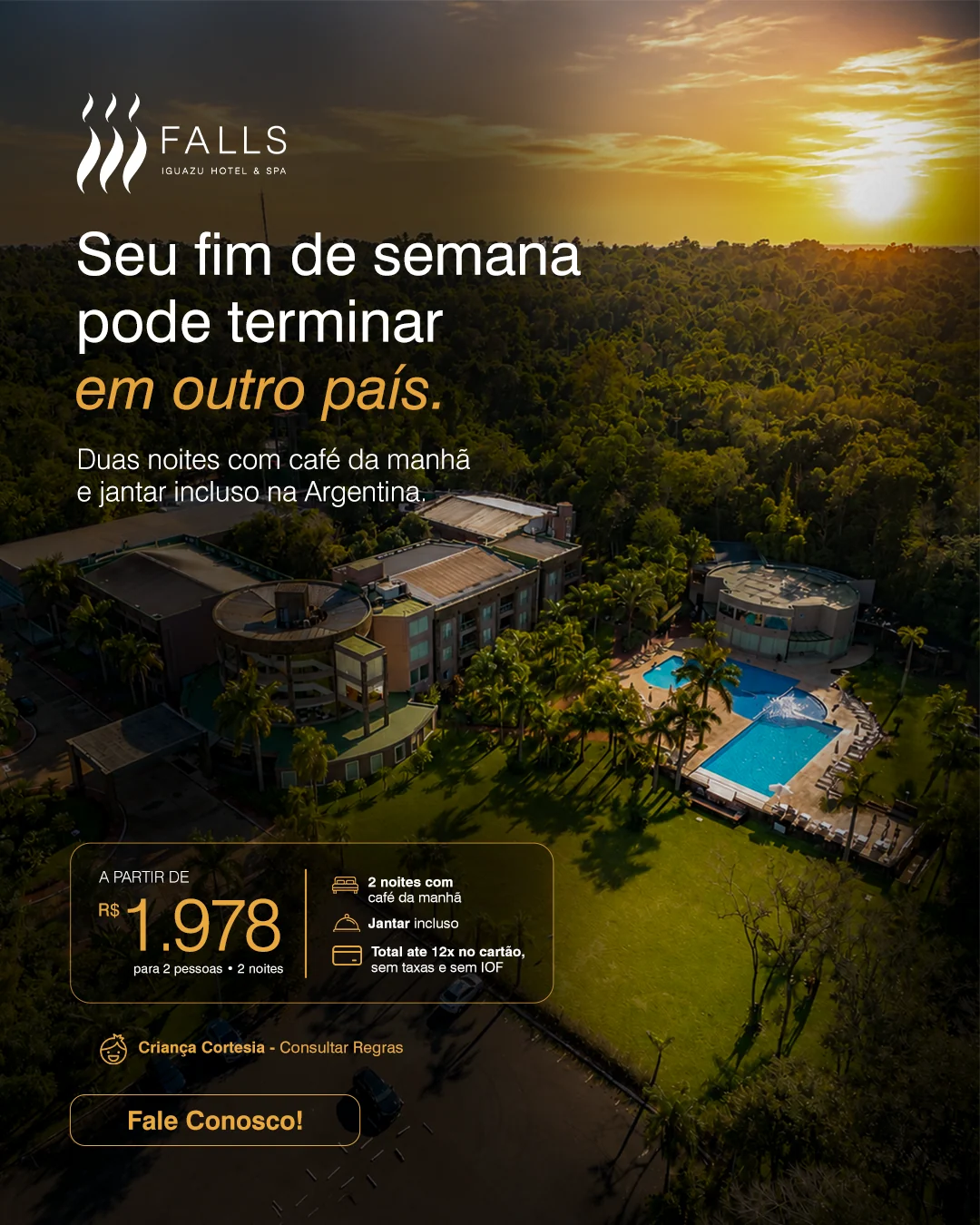 Arte do pacote Finais de Semana: seu fim de semana pode terminar em outro país, 2 noites com café da manhã e jantar incluso, a partir de R$ 1.978 para 2 pessoas